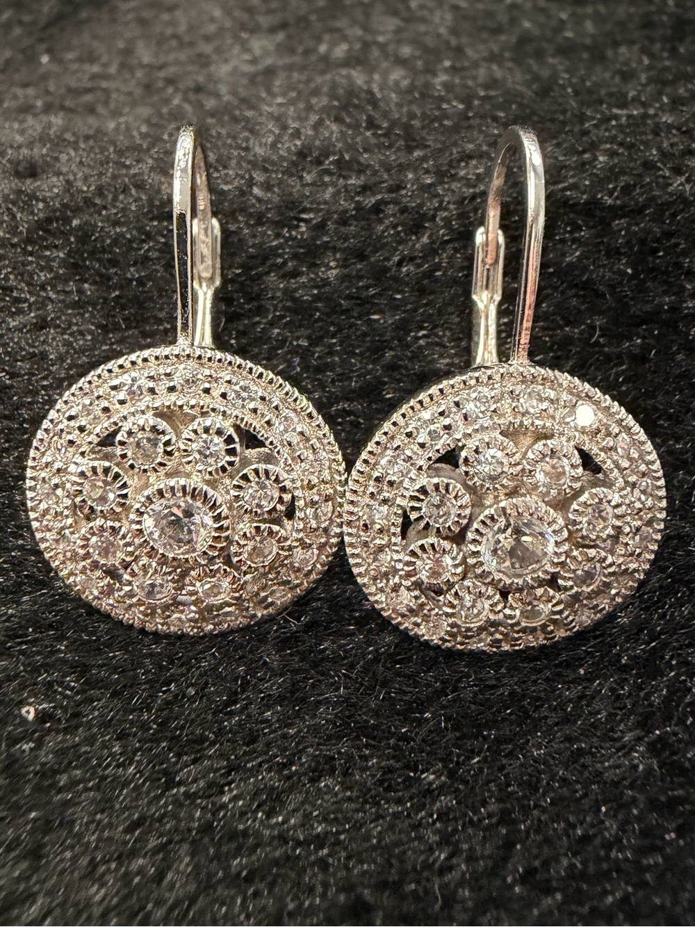 Sterling Silver Round Stencil CZ Leverback Earrings